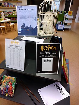 Harry Potter-skyltning på Alfta bibliotek, med Harry Potter-böcker, -pyssel och en bur med en uggla i.